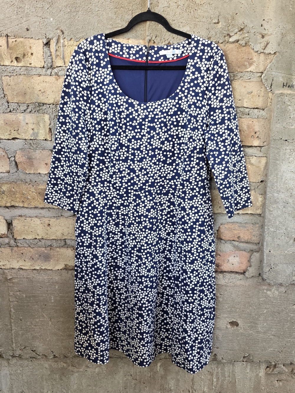Boden Navy Blue White Abstract Floral Dot Dress Pockets 14R
